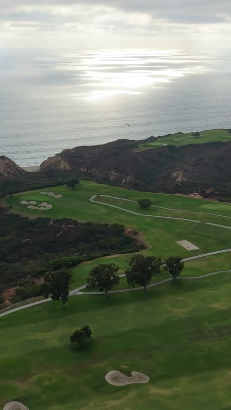 Clifftop Fairways of Torrey Pines Overlooking the Sunlit Pacific – Overhead Detail (Vertical)