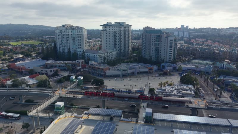 Trolley Arriving at the UTC Transit Center Below Residential Towers – Aerial View