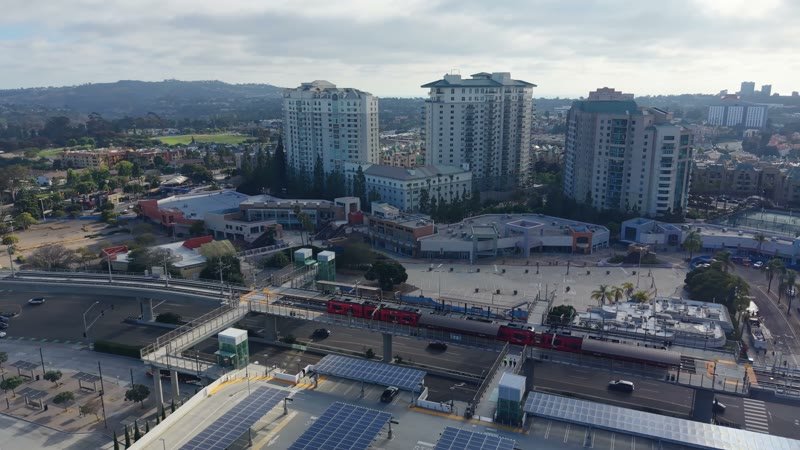 Trolley Arriving at the UTC Transit Center Below Residential Towers – Elevated Perspective