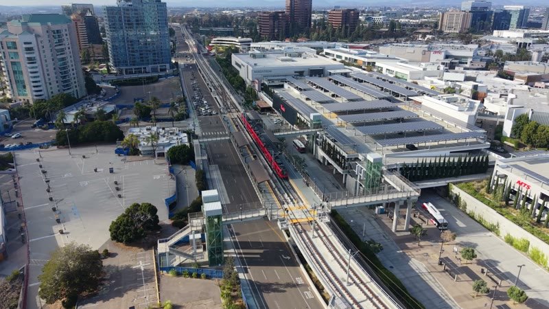 Aerial of the UTC Trolley Station and University City High-Rises – Elevated Perspective