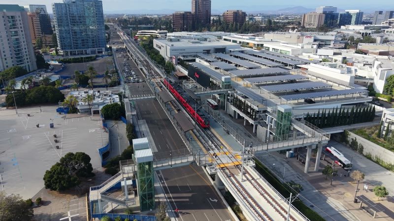 Aerial of the UTC Trolley Station and University City High-Rises – Golden Hour Frame