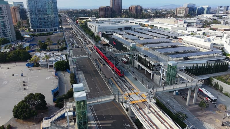 Aerial of the UTC Trolley Station and University City High-Rises – High-Angle Panorama