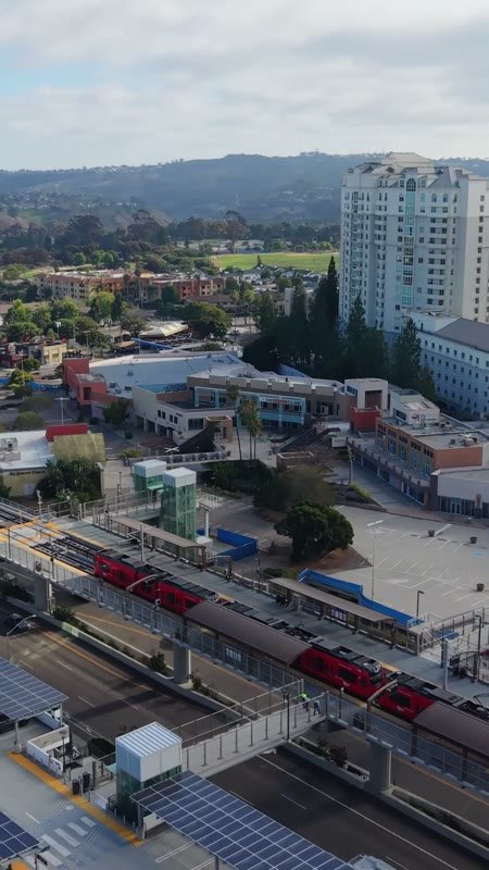 Trolley Arriving at the UTC Transit Center Below Residential Towers – Overhead Detail (Vertical)